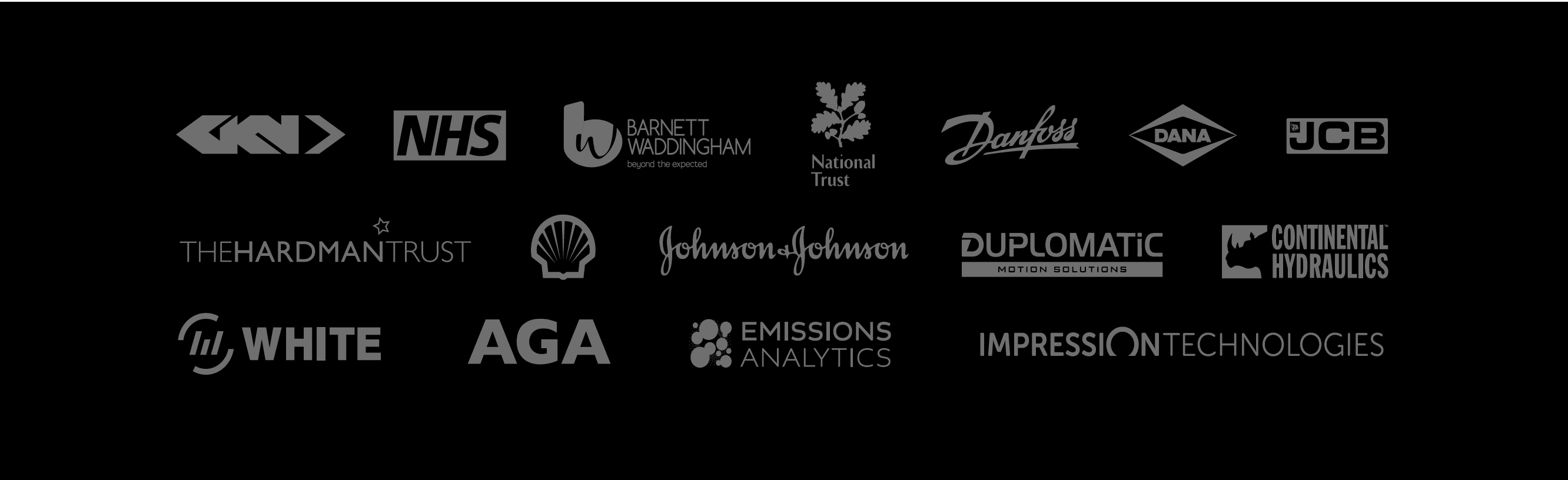 A visual list of client logos consisting of GKN, NHS, Barnett Waddingham, Shell, Johnson & Johnson, Duplomatic, Continental Hydraulics, White, AGA, Emissions Analytics and Impression Technologies